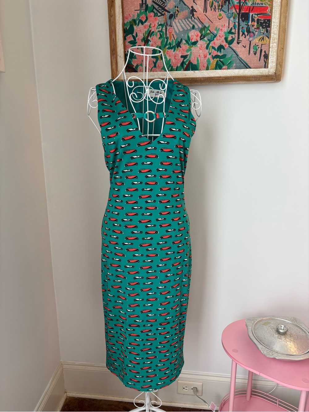 Bettie Page Teal Sleeveless V-Neck Midi Dress with Red & White Print